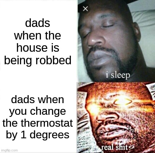 facts | dads when the house is being robbed; dads when you change the thermostat by 1 degrees | image tagged in memes,sleeping shaq | made w/ Imgflip meme maker