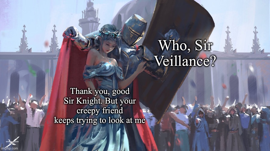 Good Sir | Who, Sir Veillance? Thank you, good Sir Knight. But your creepy friend keeps trying to look at me | image tagged in knight protecting princess,surveillance,knight,creepy | made w/ Imgflip meme maker