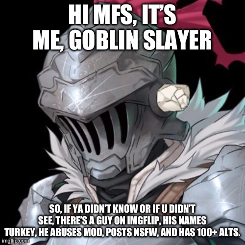 some shit idk | HI MFS, IT’S ME, GOBLIN SLAYER; SO, IF YA DIDN’T KNOW OR IF U DIDN’T SEE, THERE’S A GUY ON IMGFLIP, HIS NAMES TURKEY, HE ABUSES MOD, POSTS NSFW, AND HAS 100+ ALTS. | image tagged in goblin slayer | made w/ Imgflip meme maker