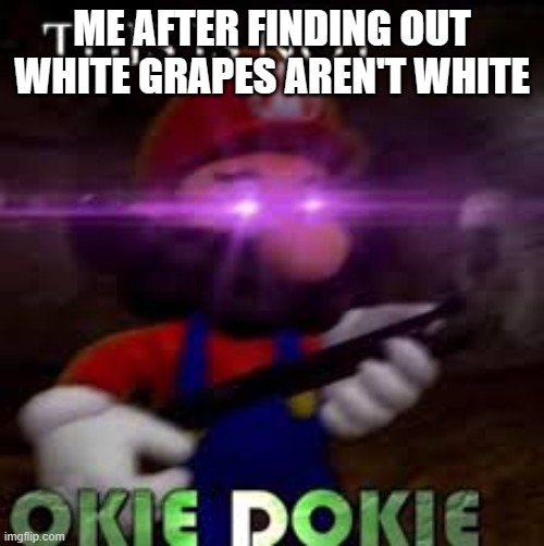 Meme | ME AFTER FINDING OUT WHITE GRAPES AREN'T WHITE | image tagged in this is not okie dokie | made w/ Imgflip meme maker