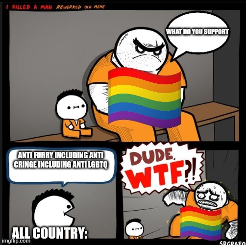 WTF | WHAT DO YOU SUPPORT; ANTI FURRY INCLUDING ANTI CRINGE INCLUDING ANTI LGBTQ; ALL COUNTRY: | image tagged in wtf | made w/ Imgflip meme maker