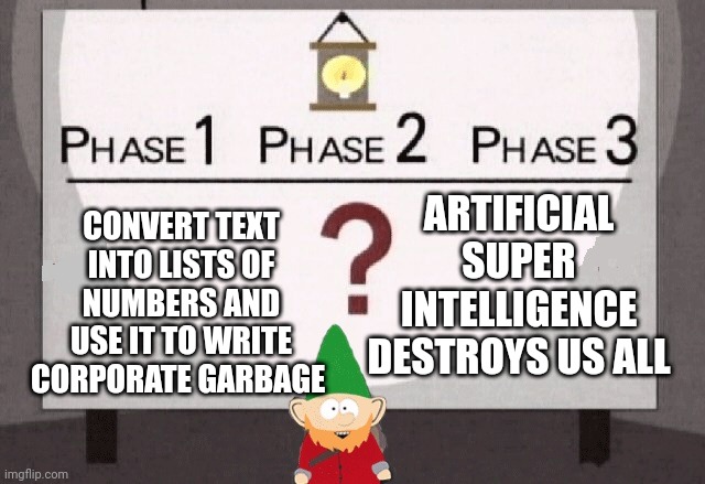 OpenAI business model | ARTIFICIAL SUPER INTELLIGENCE DESTROYS US ALL; CONVERT TEXT INTO LISTS OF NUMBERS AND USE IT TO WRITE CORPORATE GARBAGE | image tagged in underpants gnomes,artificial intelligence,chatgpt | made w/ Imgflip meme maker