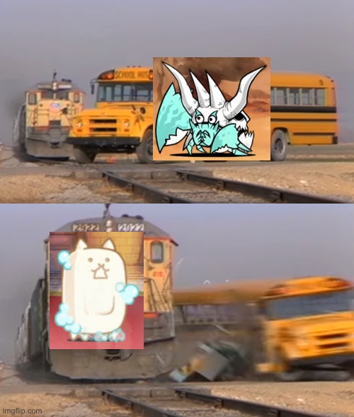 Does this summarize how much Soap Cat powercreeped Scissorex? | image tagged in a train hitting a school bus,memes,battle cats | made w/ Imgflip meme maker
