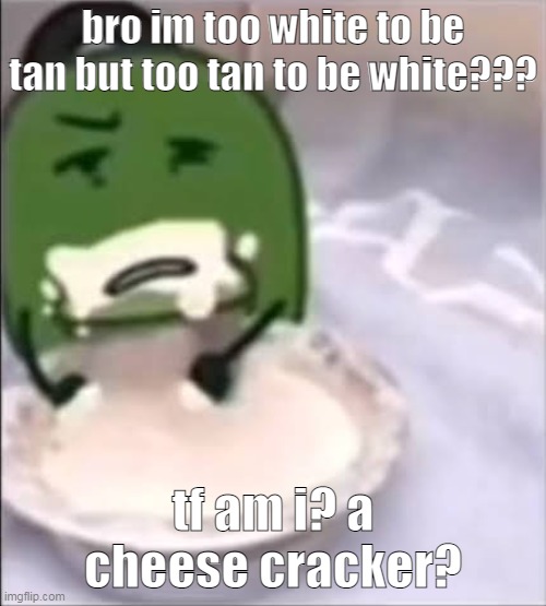 Liam creampie | bro im too white to be tan but too tan to be white??? tf am i? a cheese cracker? | image tagged in liam creampie | made w/ Imgflip meme maker