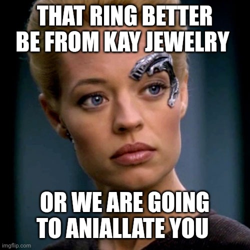 Seven of Nine Serious | THAT RING BETTER BE FROM KAY JEWELRY OR WE ARE GOING TO ANIALLATE YOU | image tagged in seven of nine serious | made w/ Imgflip meme maker
