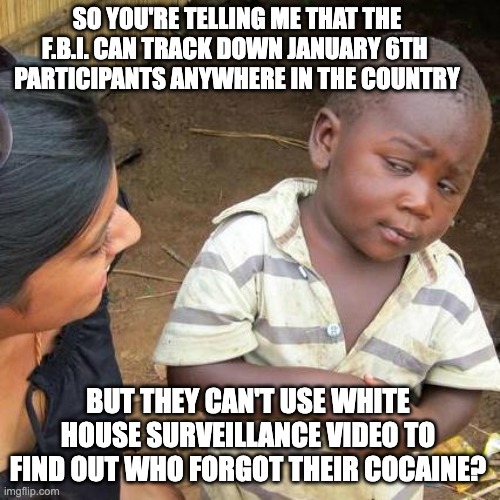 Hol' Up | SO YOU'RE TELLING ME THAT THE F.B.I. CAN TRACK DOWN JANUARY 6TH 
PARTICIPANTS ANYWHERE IN THE COUNTRY; BUT THEY CAN'T USE WHITE HOUSE SURVEILLANCE VIDEO TO FIND OUT WHO FORGOT THEIR COCAINE? | image tagged in memes,third world skeptical kid | made w/ Imgflip meme maker