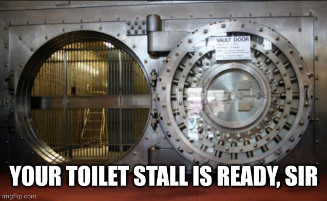 bank vault | YOUR TOILET STALL IS READY, SIR | image tagged in bank vault | made w/ Imgflip meme maker