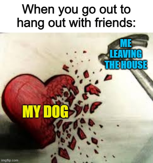 Poor dog ;~; | When you go out to hang out with friends:; ME LEAVING THE HOUSE; MY DOG | image tagged in broken heart | made w/ Imgflip meme maker