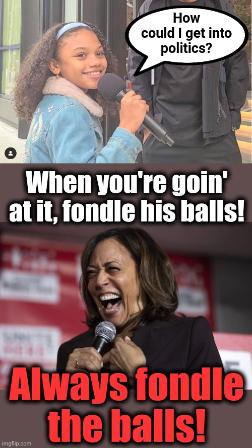 Don't ask her about that! | How
could I get into
politics? When you're goin'
at it, fondle his balls! Always fondle
the balls! | image tagged in kamala laughing,politics,democrats,kamala harris,joe biden | made w/ Imgflip meme maker