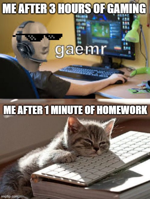 Meme | ME AFTER 3 HOURS OF GAMING; ME AFTER 1 MINUTE OF HOMEWORK | image tagged in gamer meme man,too tired | made w/ Imgflip meme maker