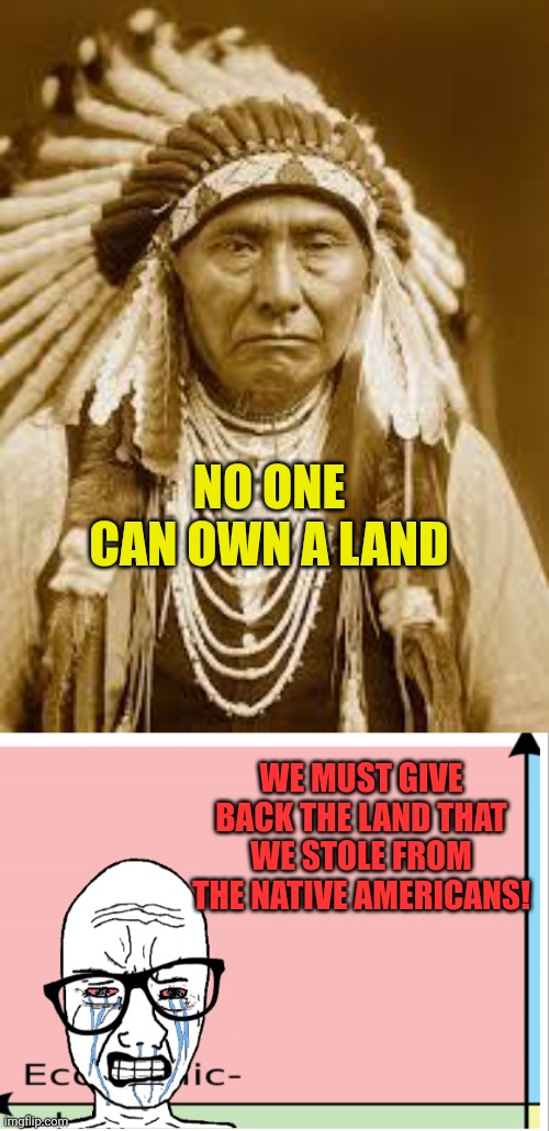 How can we steal something that they never owned? | NO ONE CAN OWN A LAND; WE MUST GIVE BACK THE LAND THAT WE STOLE FROM THE NATIVE AMERICANS! | image tagged in native american,triggered authleft rant | made w/ Imgflip meme maker