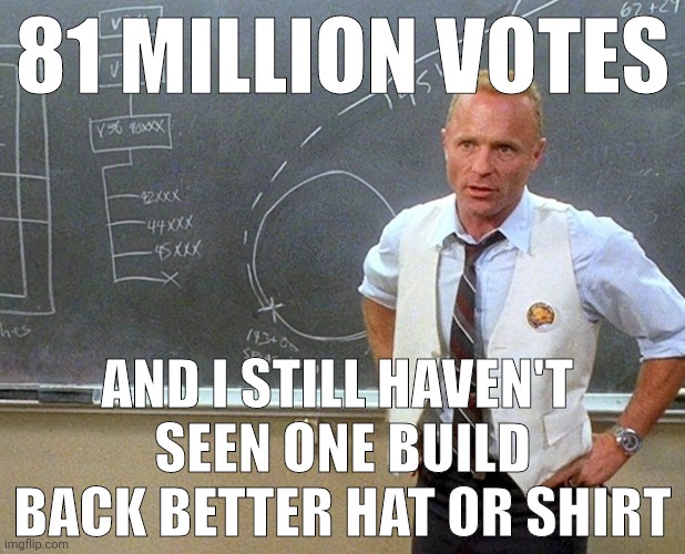 Have you seen one yet? | 81 MILLION VOTES; AND I STILL HAVEN'T 
SEEN ONE BUILD BACK BETTER HAT OR SHIRT | image tagged in memes | made w/ Imgflip meme maker