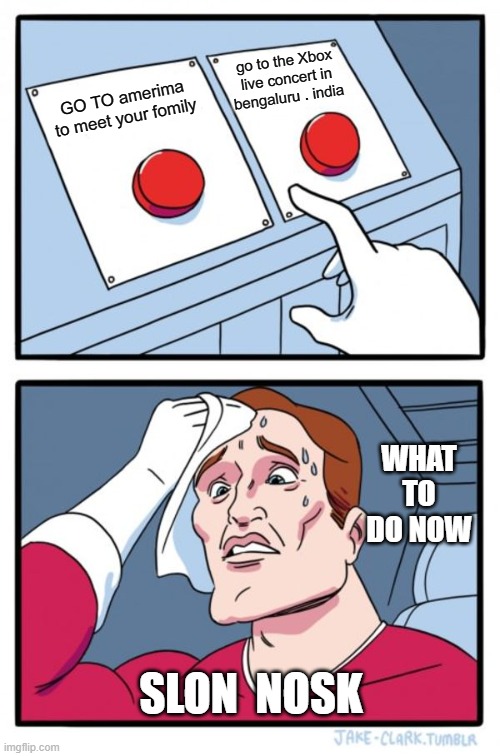there two buttons to chose | go to the Xbox live concert in bengaluru . india; GO TO amerima to meet your fomily; WHAT TO
DO NOW; SLON  NOSK | image tagged in memes,two buttons | made w/ Imgflip meme maker