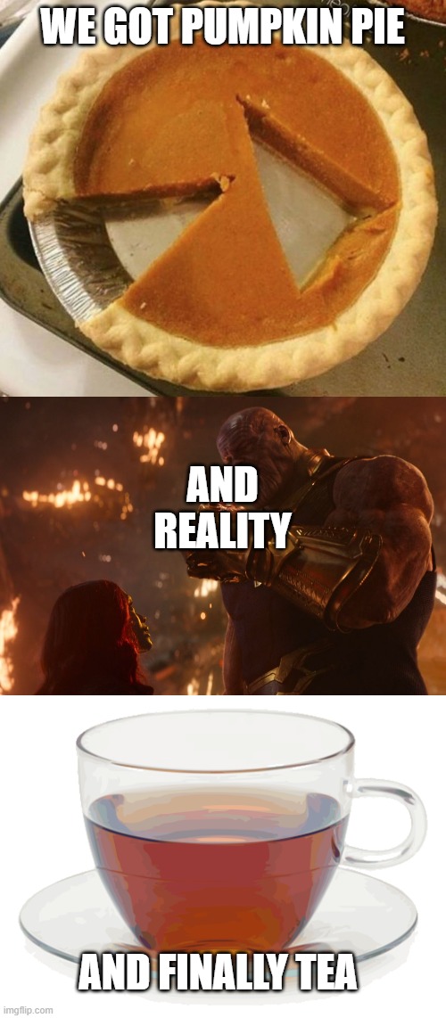 WE GOT PUMPKIN PIE AND FINALLY TEA AND REALITY | image tagged in pumpkin pie fight,now reality can be whatever i want,cup of tea | made w/ Imgflip meme maker