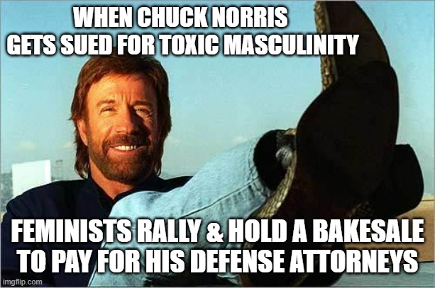 Potable Feminist: Walker Ladies Ranger | WHEN CHUCK NORRIS 
GETS SUED FOR TOXIC MASCULINITY; FEMINISTS RALLY & HOLD A BAKESALE
TO PAY FOR HIS DEFENSE ATTORNEYS | image tagged in feminism,toxic masculinity,water,womens march,feminists,cultural marxism | made w/ Imgflip meme maker