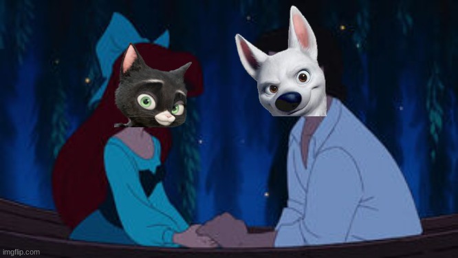 bolttens: kiss the girl | image tagged in disney,bolt,the little mermaid,cats,dogs,romance | made w/ Imgflip meme maker
