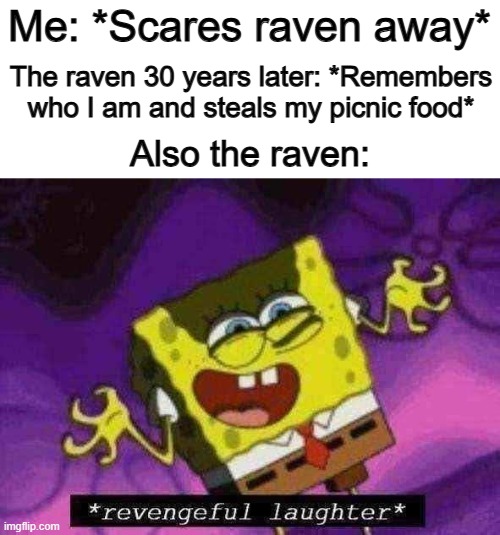 It isn't a good idea to pick on ravens... They have really good memory :] | Me: *Scares raven away*; The raven 30 years later: *Remembers who I am and steals my picnic food*; Also the raven: | made w/ Imgflip meme maker