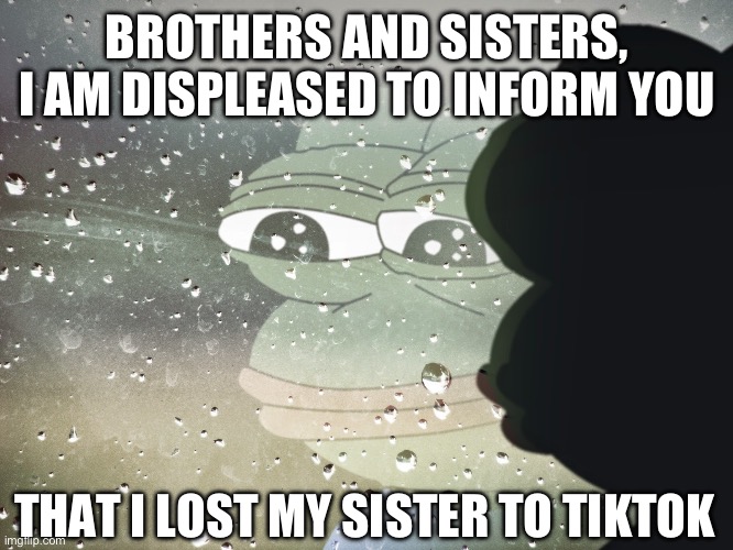 :( | BROTHERS AND SISTERS, I AM DISPLEASED TO INFORM YOU; THAT I LOST MY SISTER TO TIKTOK | image tagged in tiktok sucks,true story,irl events,recent news,why are you reading the tags | made w/ Imgflip meme maker