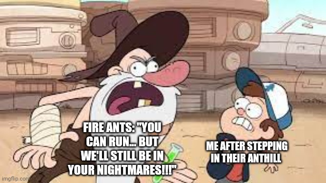 Fire ants are terrifying and terrible | FIRE ANTS: "YOU CAN RUN... BUT WE'LL STILL BE IN YOUR NIGHTMARES!!!"; ME AFTER STEPPING IN THEIR ANTHILL | image tagged in you can run but i'll still be your nightmares | made w/ Imgflip meme maker