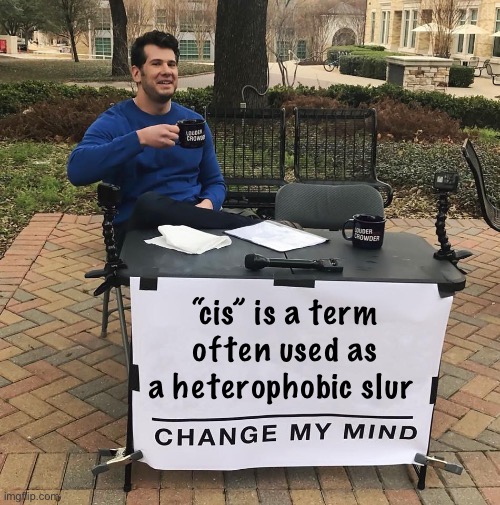 Heterophobia is real | “cis” is a term often used as a heterophobic slur | image tagged in change my mind,politics lol,memes,bigotry | made w/ Imgflip meme maker