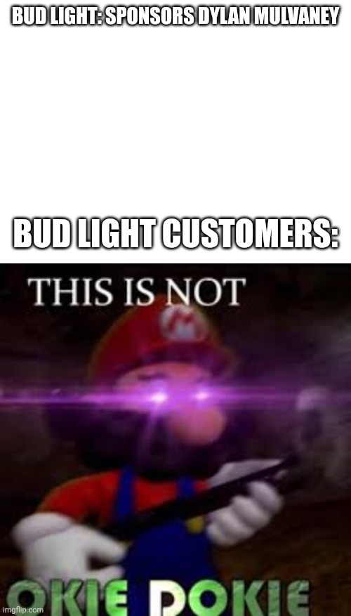 BUD LIGHT: SPONSORS DYLAN MULVANEY; BUD LIGHT CUSTOMERS: | image tagged in blank white template,this is not okie dokie | made w/ Imgflip meme maker