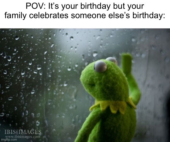 Sad:( | POV: It’s your birthday but your family celebrates someone else’s birthday: | image tagged in kermit window,betrayal,memes,fax,birthday | made w/ Imgflip meme maker