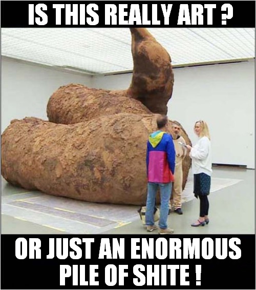 Pretentious ! | IS THIS REALLY ART ? OR JUST AN ENORMOUS
 PILE OF SHITE ! | image tagged in pretentious,art,shite | made w/ Imgflip meme maker