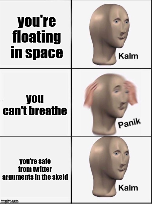 Reverse kalm panik | you're floating in space you can't breathe you're safe from twitter arguments in the skeld | image tagged in reverse kalm panik | made w/ Imgflip meme maker