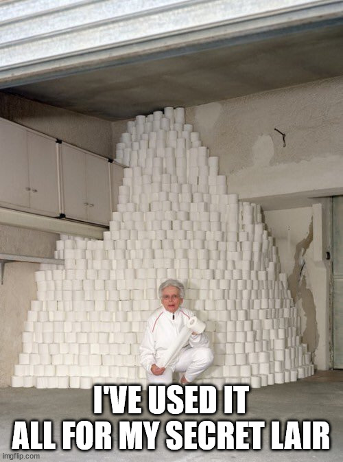 mountain of toilet paper | I'VE USED IT ALL FOR MY SECRET LAIR | image tagged in mountain of toilet paper | made w/ Imgflip meme maker