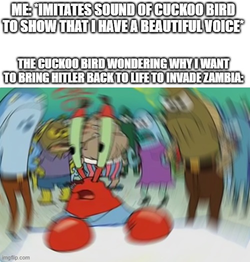 i do that all the time | ME: *IMITATES SOUND OF CUCKOO BIRD TO SHOW THAT I HAVE A BEAUTIFUL VOICE*; THE CUCKOO BIRD WONDERING WHY I WANT TO BRING HITLER BACK TO LIFE TO INVADE ZAMBIA: | image tagged in memes,mr krabs blur meme | made w/ Imgflip meme maker