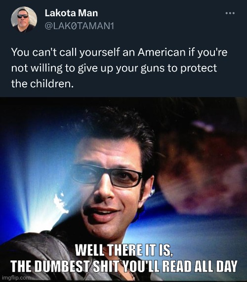 I literally bought guns to protect my child. | WELL THERE IT IS,
THE DUMBEST SHIT YOU'LL READ ALL DAY | image tagged in ian malcolm | made w/ Imgflip meme maker