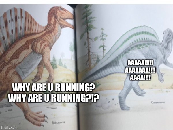 Why are u running? | AAAAA!!!!!
AAAAAAA!!!!
AAAA!!!! WHY ARE U RUNNING?
WHY ARE U RUNNING?!? | image tagged in why are you running,dinosaurs | made w/ Imgflip meme maker