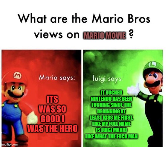 Mad Luigi | MARIO MOVIE; ITS WAS SO GOOD I WAS THE HERO; IT SUCKED NINTENDO HAS BEEN FUCKING SINCE THE BEGINNING AT LEAST KISS ME FIRST, LIKE MY FULL NAME IS LUIGI MARIO LIKE WHAT THE FUCK MAN | image tagged in mario bros views | made w/ Imgflip meme maker