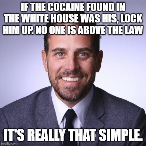 Hunter Biden | IF THE COCAINE FOUND IN THE WHITE HOUSE WAS HIS, LOCK HIM UP. NO ONE IS ABOVE THE LAW; IT'S REALLY THAT SIMPLE. | image tagged in hunter biden | made w/ Imgflip meme maker