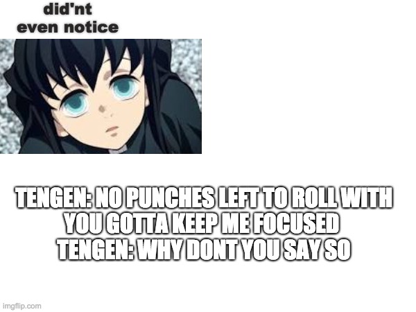 did'nt even notice; TENGEN: NO PUNCHES LEFT TO ROLL WITH
YOU GOTTA KEEP ME FOCUSED 
TENGEN: WHY DONT YOU SAY SO | made w/ Imgflip meme maker