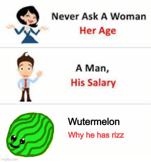 Never ask a woman her age | Wutermelon; Why he has rizz | image tagged in never ask a woman her age | made w/ Imgflip meme maker