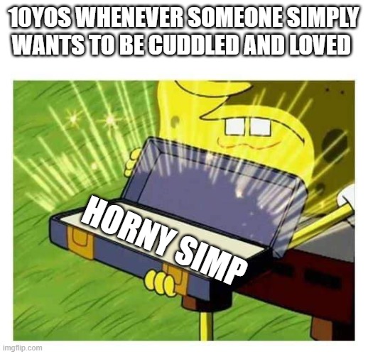 Spongebob box | 10YOS WHENEVER SOMEONE SIMPLY WANTS TO BE CUDDLED AND LOVED; HORNY SIMP | image tagged in spongebob box | made w/ Imgflip meme maker