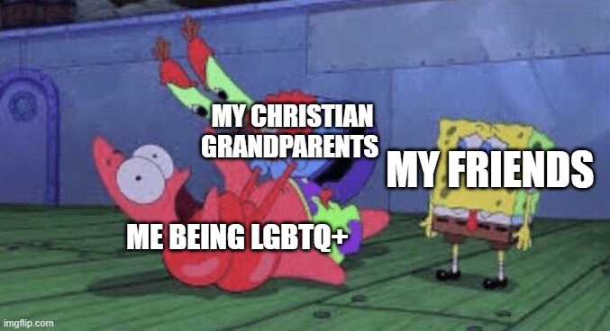 Mr. Krabs Choking Patrick | MY CHRISTIAN GRANDPARENTS; MY FRIENDS; ME BEING LGBTQ+ | image tagged in mr krabs choking patrick | made w/ Imgflip meme maker
