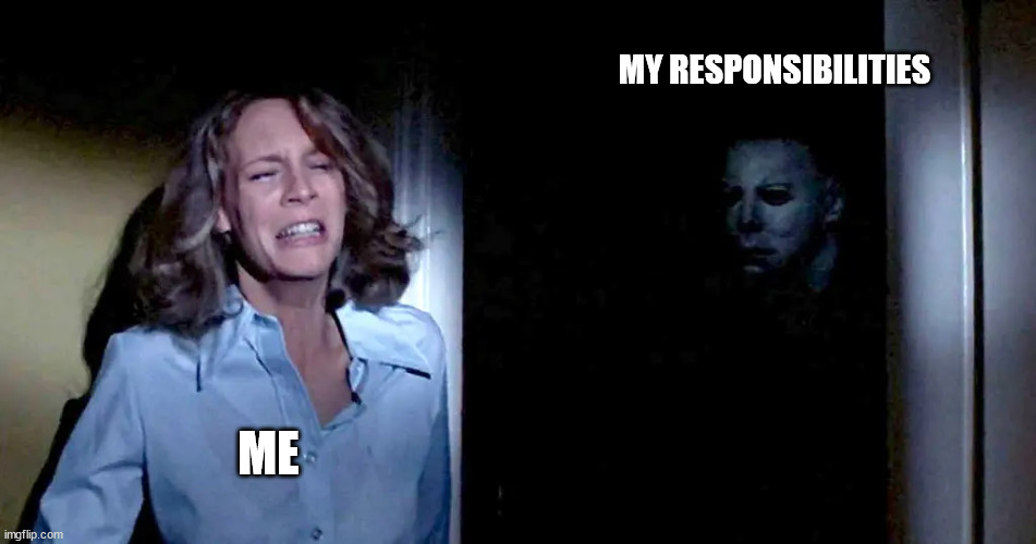 Can't hide. | MY RESPONSIBILITIES; ME | image tagged in horror,real life | made w/ Imgflip meme maker