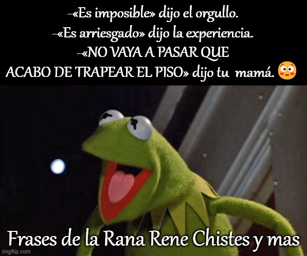 -«Es imposible» dijo el orgullo.
-«Es arriesgado» dijo la experiencia.
-«NO VAYA A PASAR QUE ACABO DE TRAPEAR EL PISO» dijo tu  mamá.😳; Frases de la Rana Rene Chistes y mas | made w/ Imgflip meme maker