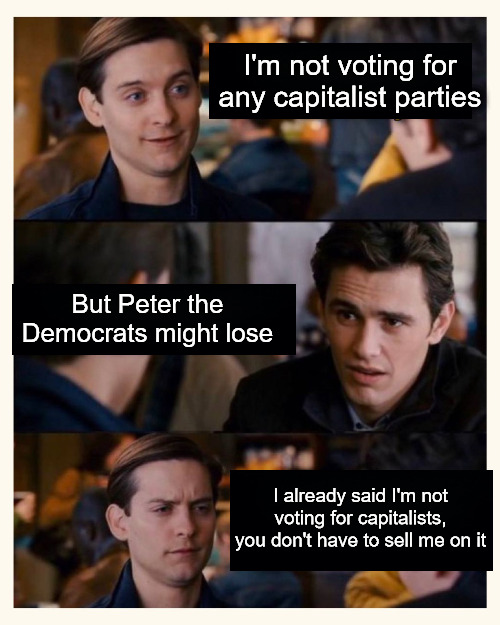 I'm not voting for any capitalist parties; But Peter the Democrats might lose; I already said I'm not voting for capitalists, you don't have to sell me on it | image tagged in democrats,green party,communist,ecosocialism,politics | made w/ Imgflip meme maker