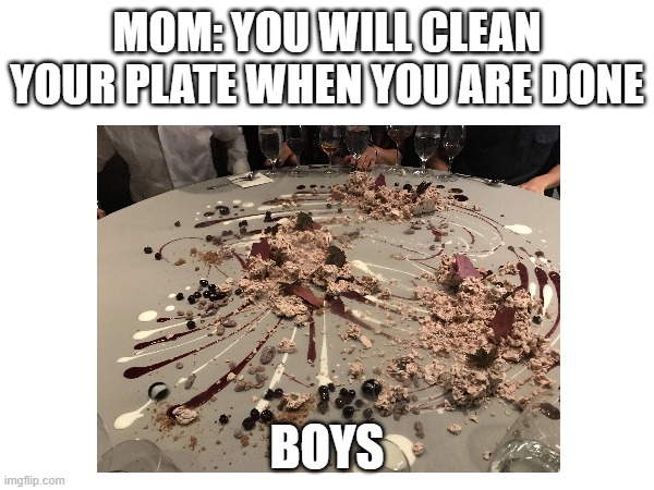 boys be like | MOM: YOU WILL CLEAN YOUR PLATE WHEN YOU ARE DONE; BOYS | image tagged in when mom asks | made w/ Imgflip meme maker