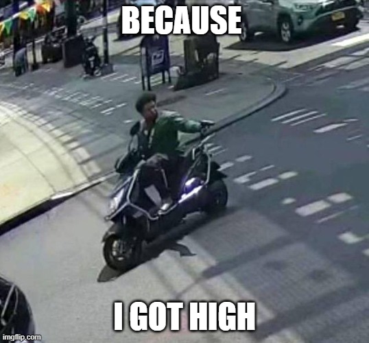scooter shooter | BECAUSE; I GOT HIGH | image tagged in new york,new york city,afro,shooter,scooter | made w/ Imgflip meme maker