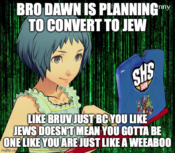 gaming | BRO DAWN IS PLANNING TO CONVERT TO JEW; LIKE BRUV JUST BC YOU LIKE JEWS DOESN'T MEAN YOU GOTTA BE ONE LIKE YOU ARE JUST LIKE A WEEABOO | image tagged in gaming | made w/ Imgflip meme maker