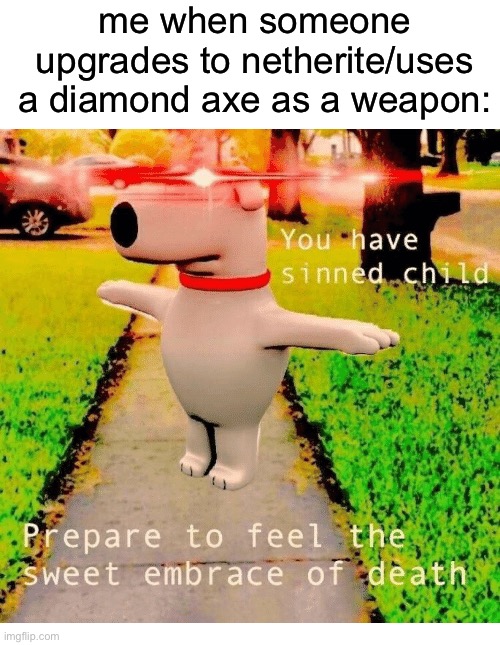 axes are not weapons!!!!/diamonds are easier to collect that’s why i don’t upgrade to netherite! | me when someone upgrades to netherite/uses a diamond axe as a weapon: | image tagged in you have sinned child prepare to feel the sweet embrace of death,minecraft,why are you reading the tags | made w/ Imgflip meme maker