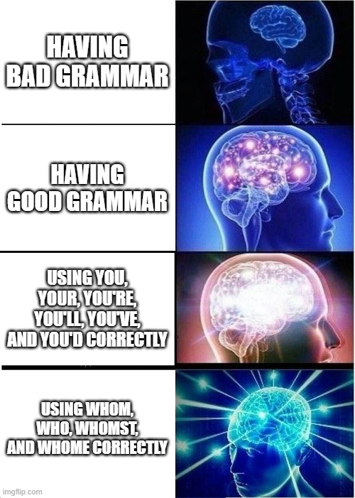 Expanding Brain Meme | HAVING BAD GRAMMAR; HAVING GOOD GRAMMAR; USING YOU, YOUR, YOU'RE, YOU'LL, YOU'VE, AND YOU'D CORRECTLY; USING WHOM, WHO, WHOMST, AND WHOME CORRECTLY | image tagged in memes,expanding brain | made w/ Imgflip meme maker