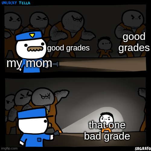 Like look at the good ones | good grades; good grades; my mom; that one bad grade | image tagged in flashlight pointed at child | made w/ Imgflip meme maker