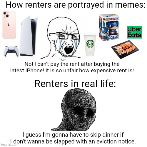 The reality is, the cost of living just gets more expensive | How renters are portrayed in memes:; No! I can't pay the rent after buying the latest iPhone! It is so unfair how expensive rent is! Renters in real life:; I guess I'm gonna have to skip dinner if I don't wanna be slapped with an eviction notice. | image tagged in rent,poverty,class struggle | made w/ Imgflip meme maker