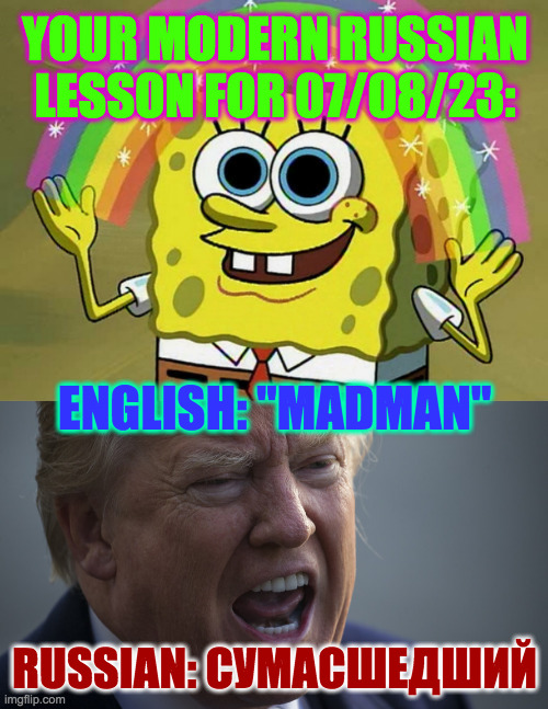 If he could be our leader again, we should learn his language. | YOUR MODERN RUSSIAN
LESSON FOR 07/08/23:; ENGLISH: "MADMAN"; RUSSIAN: СУМАСШЕДШИЙ | image tagged in memes,imagination spongebob,russian | made w/ Imgflip meme maker
