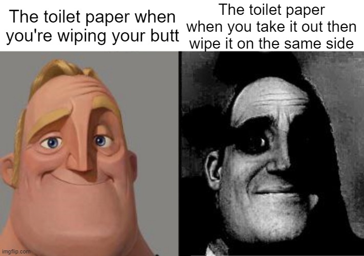 Toilet paper | The toilet paper when you're wiping your butt; The toilet paper when you take it out then wipe it on the same side | image tagged in traumatized mr incredible | made w/ Imgflip meme maker